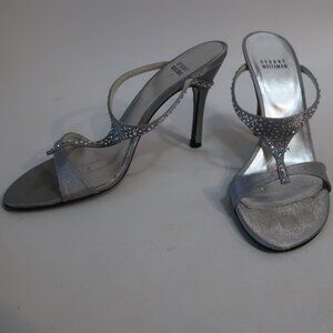 Womens Stuart Weitzman Silver Rhinestone Embellished T-Strap Sandal Heels 7.5